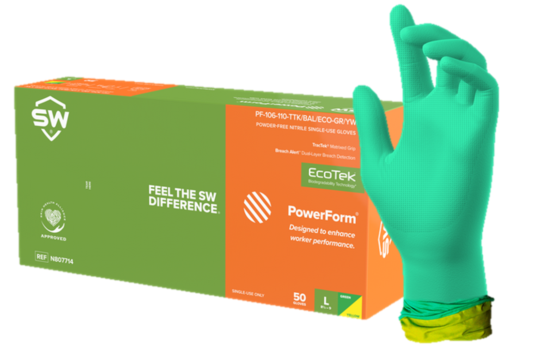 PF-11GY SW Safety® PowerForm® TracTek® Green Nitrile Exam Gloves with yellow Breach Alert